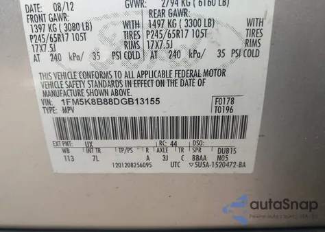 2013 Ford Explorer из США, поврежденный, VIN 1FM5K8B88DGB13155